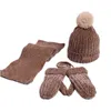 Kids 3pcs inverno quente beanie chapéu longo lenço luvas conjunto chenille veludo malha pelúcia alinhada cor sólida pompom crânio tampão