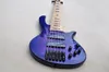 Basso elettrico Custom Factory 6 corde corpo blu e viola con 2 pickup neri, 24 tasti, hardware nero