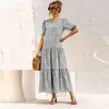 Lato Polka Dot Plaid Drukuj Maxi Sukienka Kobiety Elegancka Rękaw Puff Casual Patchwork Luźne Wakacyjne Party Long Robe Vestidos 210522