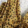 Zevity Frauen Sexy Tiefem V-ausschnitt Leopardenmuster Bogen Gebunden Smock Bluse Weibliche Puff Sleeve Kimono Shirts Chic Blusas Tops LS7652 210603