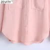 Kobiety Vintage Double Pockets Patch Casual Smock Bluzka Kobieta Z Długim Rękawem Pojedyncze Koszulki Koszulki Chic Chemise Topy LS9257 210416