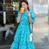 Korjpaa Kvinnor Klänning Sommar Koreanska Chic Western Style Sweet Round Neck Floral Layered Drawstring Puff Sleeve Vestidos 210526