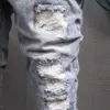 Włoski moda mężczyźni dżinsy jasnoniebieski elastyczne slim fit zniszczone rozdzierające dżinsy spodnie patchwork vintage projektant hip hop spodnie