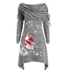 Lady Christmas Santa Claus Snowflake Print Irregular Long Sleeve Mid-length Tunic Vintage costume Winter Tops Big Size 210517