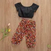 Fashion Toddlers Baby Girls Kids Clothes Sets Short Sleeve Black T Shirts Tops+ Leopard Wide Leg Split Pants 2pcs Outfits