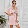 Koronkowe szwy Głębokie V Neck Sukienka Plaża Lato Vintage Solidna Kolor Mini Dress Dla kobiet A-Line Beachwear Vestidos 210508