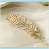 Hårsmycken Jewelyhair Clips Barrettes Fashion Side Feather Hairpin Gold Color Simulation Pearl Clip Back Huvud Enkelt kvinnligt huvudstycke x