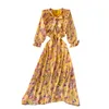 Franse chiffon floral jurk vrouwen boog nek bladerdeeg mouw ruches A-lijn jurken herfst bohemain print vakantie lange jurk 210419