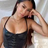 Sexy Pu Y2k Corset Crop Top Women On Thin Straps Female Solid Color Deep V-Neck Harajuku Gothic Leather Punk Button Camis 210415