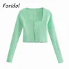 Knitted Blouse Crop Tops Women Button Up Long Sleeve Slim Cardigan Tops Vinatge Spring Autumn Light Green Top 210415