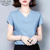 Office Lady Solid V-neck Blouse Women Summer Short Sleeve Casual Silk Satin Shirts Plus Size M-4XL Loose Tops Clothes 10297 210417