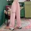 Houzhou Harajuku Pantalon Rose Streetwear Femmes Oversize Taille Haute Taille Large Pantalon Broderie Esthétique Lâche Mode Coréenne 211216