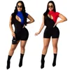 Frauen Patchwork Strampler Overall Aushöhlen Brust Sexy Bodycon Kurzen Ärmeln Clubwear Weibliche Schwarz Elastische Zipper Up Playsuits 210416