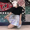 Coréia japonesa Holográfica saias plissadas mulheres PU sólido harajuku casual laser hight cintura mini short saia arco-íris 210629