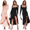 Robe femme col carré manches longues sirène taille haute noir maxi es asymétrie ourlet plus taille es 210513