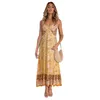 Floral Sling Dress Femmes D'été De Mode Élégant Bohème Col En V Mince Jaune Longues Robes Feminina LR1233 210531