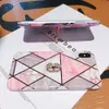 Marmor söta mobiltelefonfodral 360 grader roterande ring kickstand mjuk tpu stötsäkert täcke rosa glitter för iPhone 11 12 13 14 15 pro max xr xsmax 7 8 plus