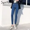 Jeans gris femme taille haute femmes maigre mode coréen lavé enduit denim crayon pantalon stretch jean noir plus taille 210809