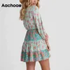 Chic Floral Print Mini Dresses Women O Neck Boho Beach Three Quarter Sleeve Bow Tie Elastic Waist Summer Dress 210413