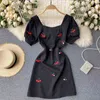 Summer mini dress fashion elegant retro girl puff sleeve for womens slim cherry embroidered vestidos 210420