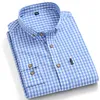 Thin 100% algodão xadrez camisas para homens luva longa regular encaixar vestido quadriculado Mens azul macio confortável 220312