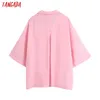 Tangada kvinnor mode rosa överdimensionerade blusar kortärmad knapp-up kvinnliga tröjor chic toppar be931 210609