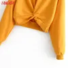 women orange bow hoodie sweatshirts crop autumn ladies casual pullovers tops JA44 210416