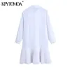 Women Chic Fashion With Buttons Pleated Hem White Mini Dress Vintage Three Quarter Sleeve Female Dresses Vestidos 210416