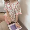 女の子の寝室全体のマッチ印刷かわいい韓国フリルスウィートホームウェアサマーシックな女性ルーズパジャマセット210525