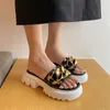 Slippers PXELENA Cool Girl Punk Women Metal Chain Genuine Leather Summer Modern Slides Chunky Platform Med Heels Shoes