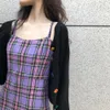 Kvinnor Blå Vit Gingham Kontrollera Plaid Spaghetti Strap Mini Dress Girl's Slash Collar Slim Waist Sling Korta Klänningar Vintage 210429