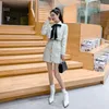 Autumn Fashion design women's turn down collar cute bow patched velvet fabric cotton-padded short jacket and skirt 2 pcs dress twinset suit SML