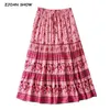 Böhmen Spliced ​​Pleated Floral Print Långkjol Hippie Kvinnor Justera Ström Elastiska Midja Swing Kjolar Holiday Beach 210429