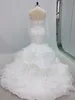 Sexy Meerjungfrau Brautkleid Brautkleid Ankunft Spitze Langarm Muslim Vestido de Noiva Romantische Appliques Rüschen Kleider