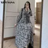 V Yaka Pileli Elbise Kadınlar İlkbahar Sonbahar Kadın Uzun Kollu Baskılı Çiçek Gevşek Şifon Elbiseler Artı Boyutu 5XL 210423