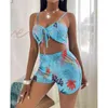 Sexy 3 Piece Sets Bikini Strap Crop Top+Shorts+Long Cover Up Women Summer Floral Print Chiffon Bathing Suit Beach Swimsuit 210722