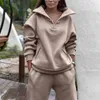 Chándal de otoño para mujer, además de sudaderas de lana, conjunto de dos piezas, informal, de gran tamaño, sólido, deportivo para mujer, traje con capucha, conjuntos de pantalón largo 211116