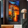Modern Manzara Duvar Süslemeleri Tuval Boyama Oturma Odası Tekne OXEAN Günbatımı Kırmızı Gökyüzü Yağlıboya Nordic Ev Dekorasyonu