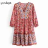 Vintage imprimé floral vacances robe d'été femmes manches trois-quarts col en V plissé décontracté court robe muje 210514