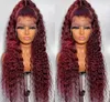 Röd kinky lockigt mänskligt hår peruker för kvinnor värme spets fram syntetisk peruk glueless pre plocked med babyhair 180 dentisy