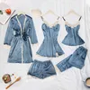 JULY'S SONG 5 Pieces Velvet Pajamas For Women Sexy Lace Sleepwear Pajama Set Winter Warm Sling Nightdress Female Nightwear 211105