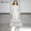 Moda Designer Sukienka Wiosna Damska Sukienka Latarnia Rękaw Mesh Patchwork Haft White Plegant Party Dresses 210524