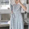 Yitimuceng Boho Floral Print Dresses Women Lace Up High Waist Short Flare Sleeve Blue Summer Fashion Elegant Midi Dress 210601