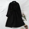 Autumn Winter Women Dress Solid Bow Long Sleeve A-line Vestidos Vinatge Chic Dresses Korean Fashion Clothing 17571 210415