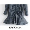 Women Chic Fashion With Buttons Pleated Check Mini Dress Vintage Long Sleeve Back Zipper Female Dresses Vestidos 210416