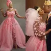 Pink Nigerian African Wedding Dress Jumpsuit With Detachable Train 2021 Plus Size Sheer Jewel Neck 3D Floral Lace Tulle Bride Dres
