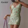 Foridol Cherry Print Satin Summer Dress Dames Lace Up Strap Short Beach Holiday Jurk V-hals Franse Groene Backless Mini Dress 210415