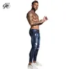 Mäns Skinny Stretch Reparerade Jeans Mörkblå Hip Hop Distressed Super Skinny Slim Fit Bomull Bekväm Stor Storlek Zm34