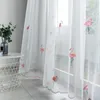 Estilo nórdico flamingos rosa cortina de voile bordado para crianças sala menina sala de estar crianças cortina de tule branco 210712