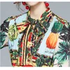 Mode Designer Luxe Fruit Fruit Printing Runway Dames Lange Mouwen Boogdas Kraag Elastische Taille Vintage Jurk 210416